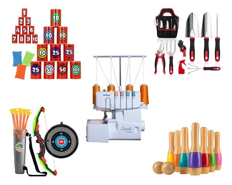 Photo of some of the new items added to the Things Library: can pyramid game, archery set, serger, garden tools kit, and lawn bowling.