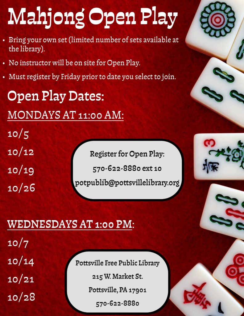 Flyer for the Mahjong Open Play programs at the Pottsville Free Public Library.